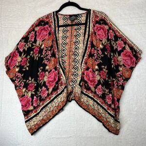 Angie Floral Kimono Wrap Womens M Black Pink Orange Rayon Boho Draped Layer